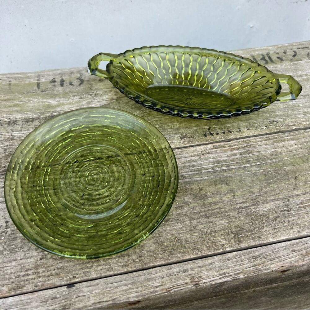 Vintage Anchor Hocking Soreno Textured Green Glass Saucer and Serving Dish